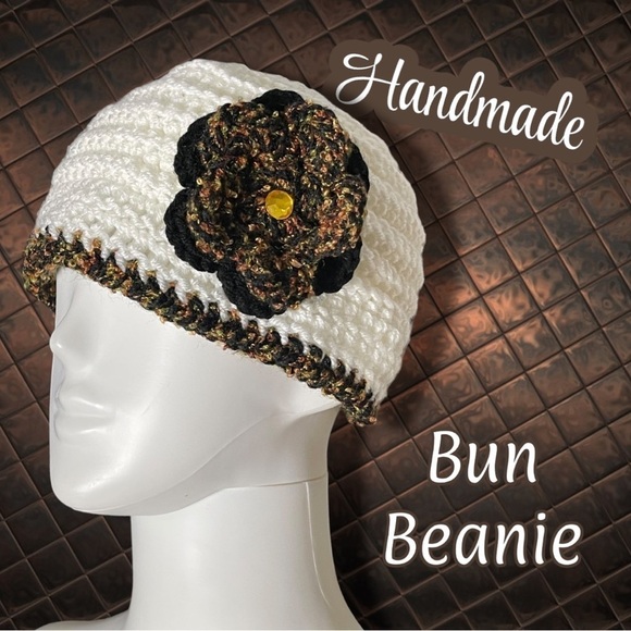 Handmade Crocheted Bun Ponytail Beanie White Brown with Flower Embellishment - Picture 1 of 8